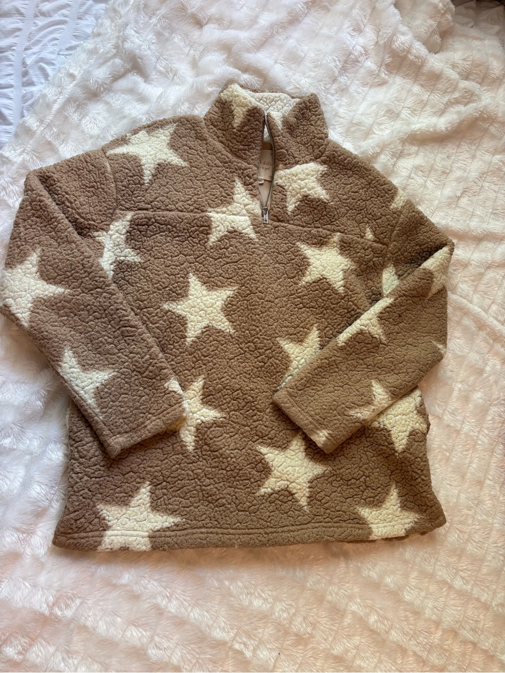 Altar'd State Cream and Brown Star Sherpa Half-Zip Pullover